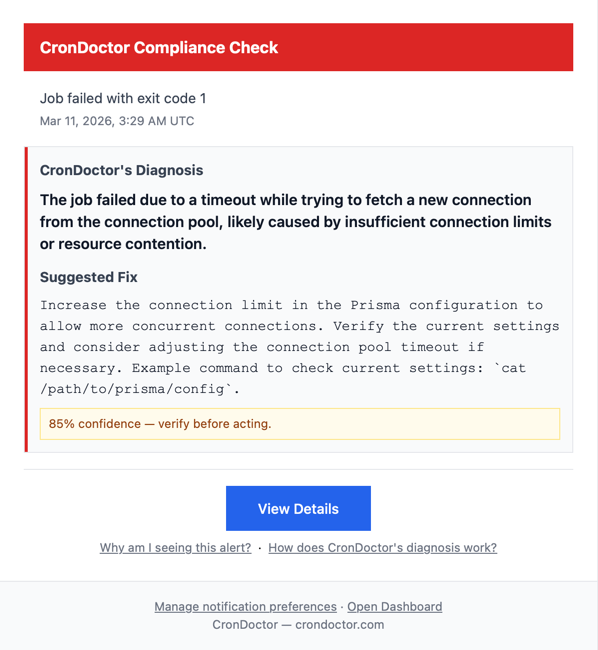 CronDoctor alert email for Compliance Check failure, with AI diagnosis identifying a Prisma connection pool timeout and suggesting to adjust the pool timeout