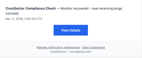 CronDoctor recovery email confirming the Compliance Check monitor is back online
