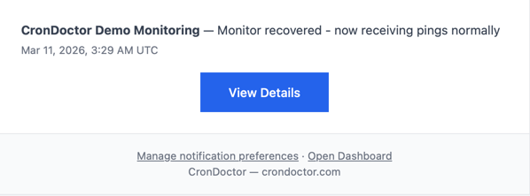 CronDoctor recovery email confirming the Demo Monitoring monitor is back online